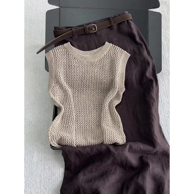 Unique and Beautiful Early Summer Small Suit with Hollow-Out Sleeveless Thin Round-Neck Knitted Vest and Workwear-Style Half Skirt Two-Piece Set for Women