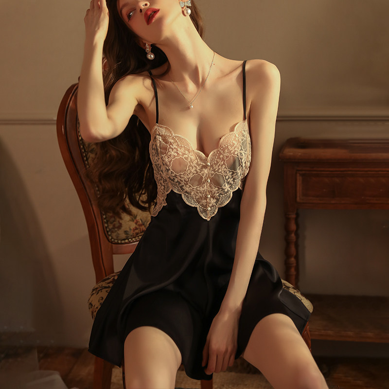 Sexy pajamas women's hot summer lace high-quality ice silk pure desire wind suspenders nightdress homewear suit thin section