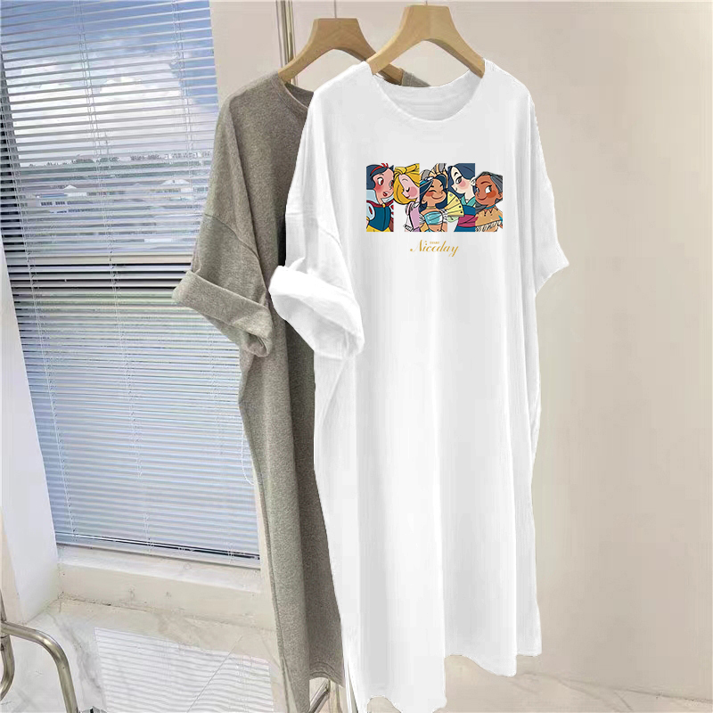 Mid-Length Over-The-Knee Pure Cotton White Short-Sleeved Dress for Women, New Summer Style, Loose Retro Cartoon Slit T-Shirt Dress Mid-Length Over-The-Knee Pure Cotton White Short-Sleeved Dress for Women, New Summer Style, Loose Retro Cartoon Slit T-Shirt Dress
