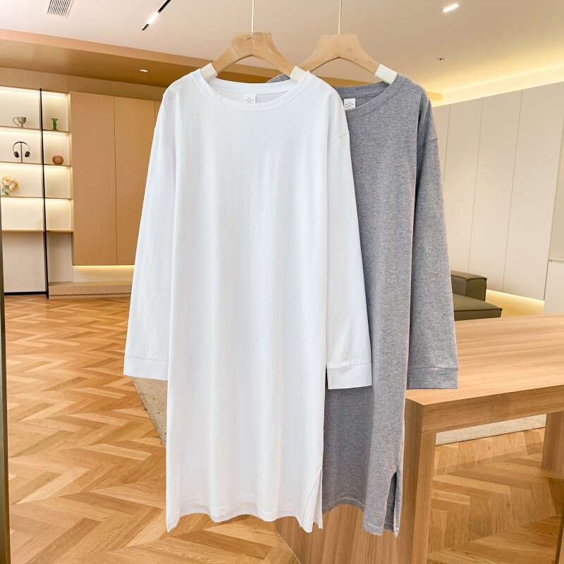 Mid-Length Over-The-Knee Pure Cotton White Long-Sleeved Dress for Women, Autumn and Winter 2025 New Large Size Loose Slit T-Shirt Dress Mid-Length Over-The-Knee Pure Cotton White Long-Sleeved Dress for Women, Autumn and Winter 2025 New Large Size Loose Slit T-Shirt Dress