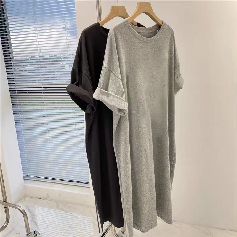 Mid-Length Over-The-Knee Pure Cotton Short-Sleeved Dress for Women, Summer 2025 New Style, Large Size, Loose, Belly-Covering, Slit T-Shirt Dress