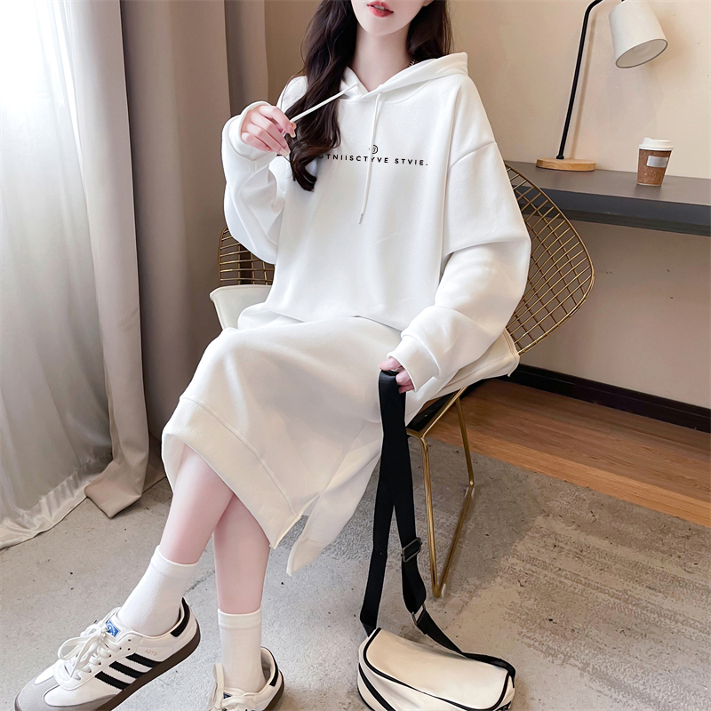Mid-Length Over-The-Knee Fleece-Lined Thick White Hooded Sweatshirt Dress for Women, New Autumn and Winter Loose Letter Print Long-Sleeve Dress