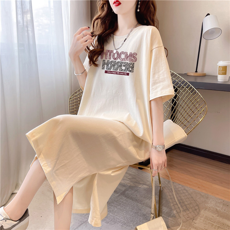 Mid-Length Over-The-Knee Pure Cotton Short-Sleeved Dress for Women, Summer 2026 New Style, Loose-Fitting Outerwear with Letter Print and Slit T-Shirt Dress