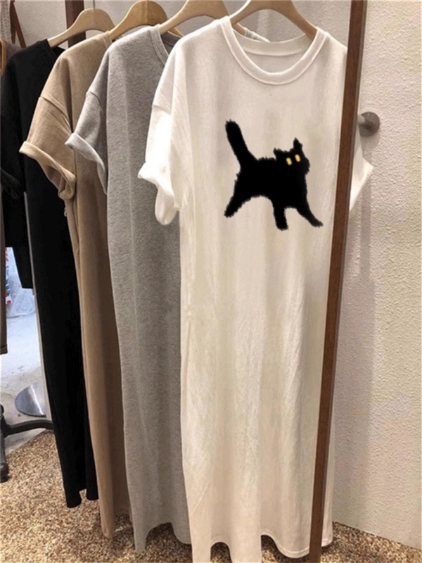 Mid-Length Over-The-Knee Pure Cotton White Short-Sleeved Dress for Women, Summer 2026 New Style, Large Size Loose Slit T-Shirt Dress