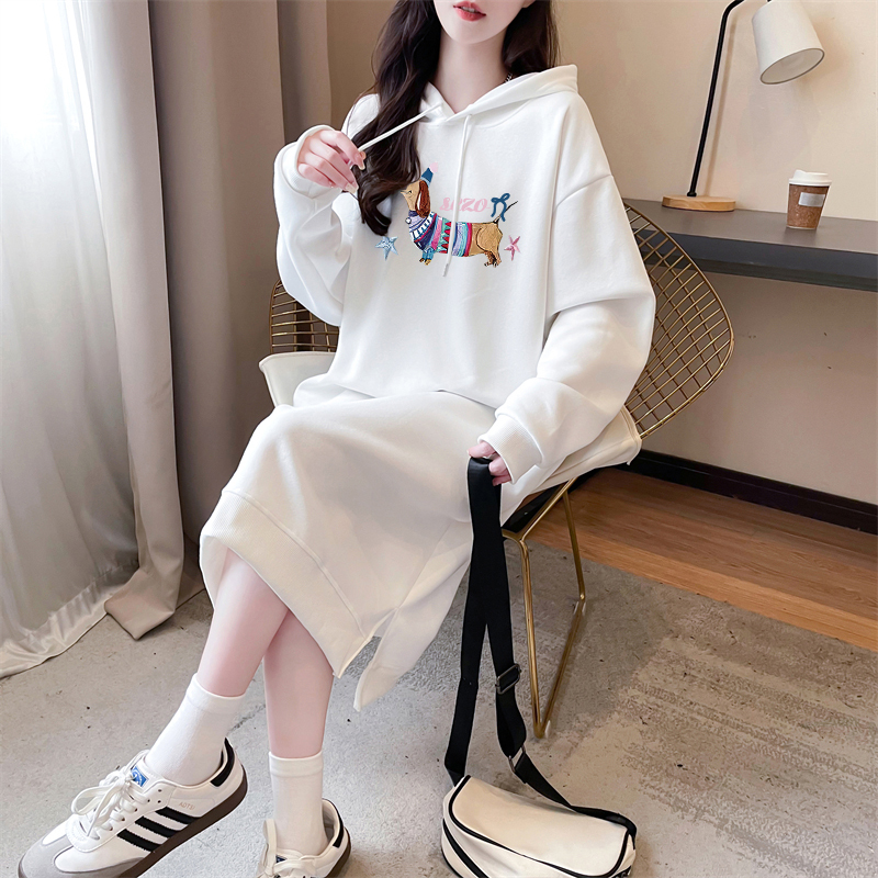 Mid-Length Over-The-Knee Long-Sleeved Dress for Women, Autumn 2025 New Style, Lazy Loose Cartoon Slit Hooded Sweatshirt Dress Mid-Length Over-The-Knee Long-Sleeved Dress for Women, Autumn 2025 New Style, Lazy Loose Cartoon Slit Hooded Sweatshirt Dress