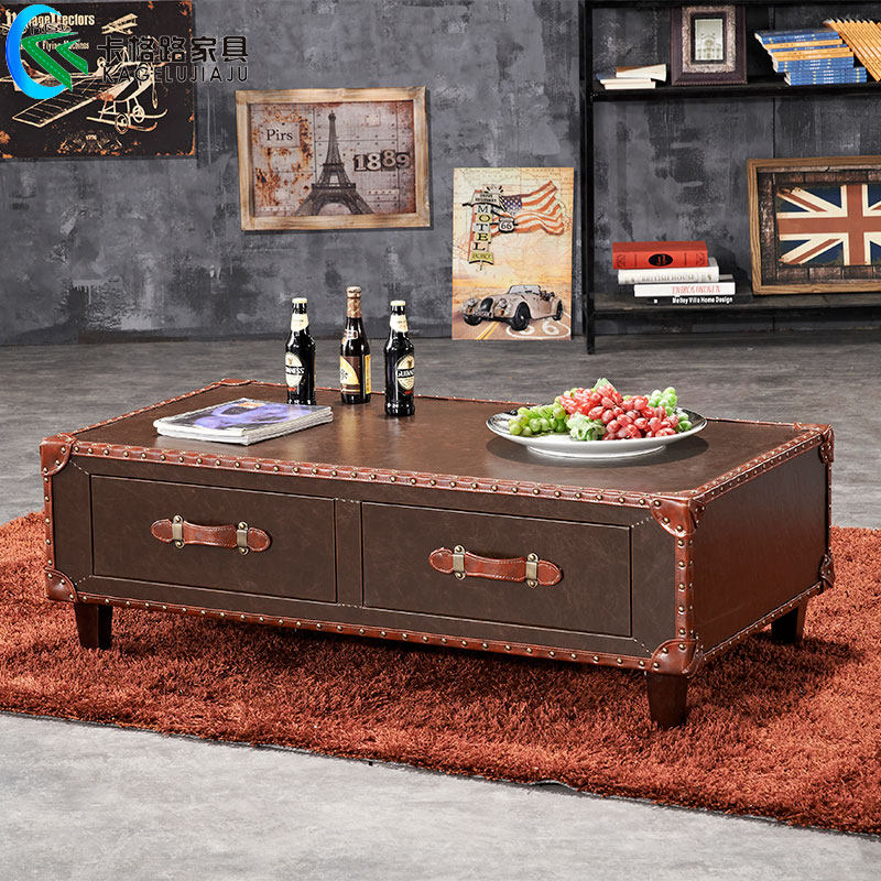 American living room telescopic table small family leather case square creative retro to old double drawers ancient wind tea table-Taobao
