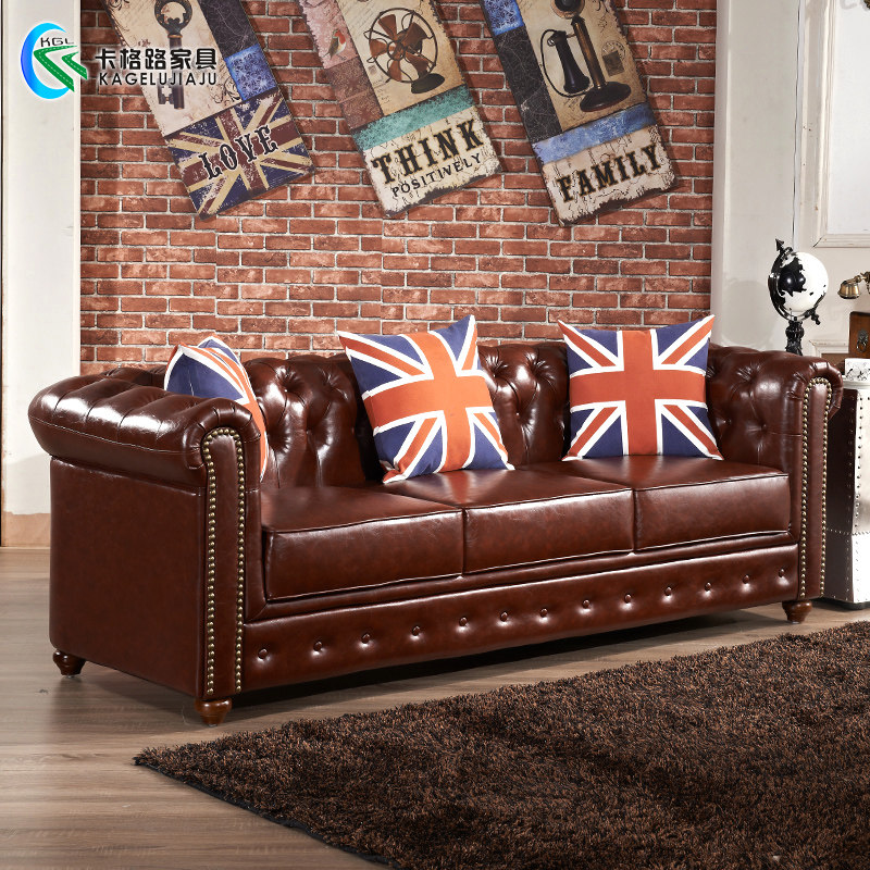 American style leather sofa living room head layer cowhide office small apartment double retro buckle oil wax leather sofa
