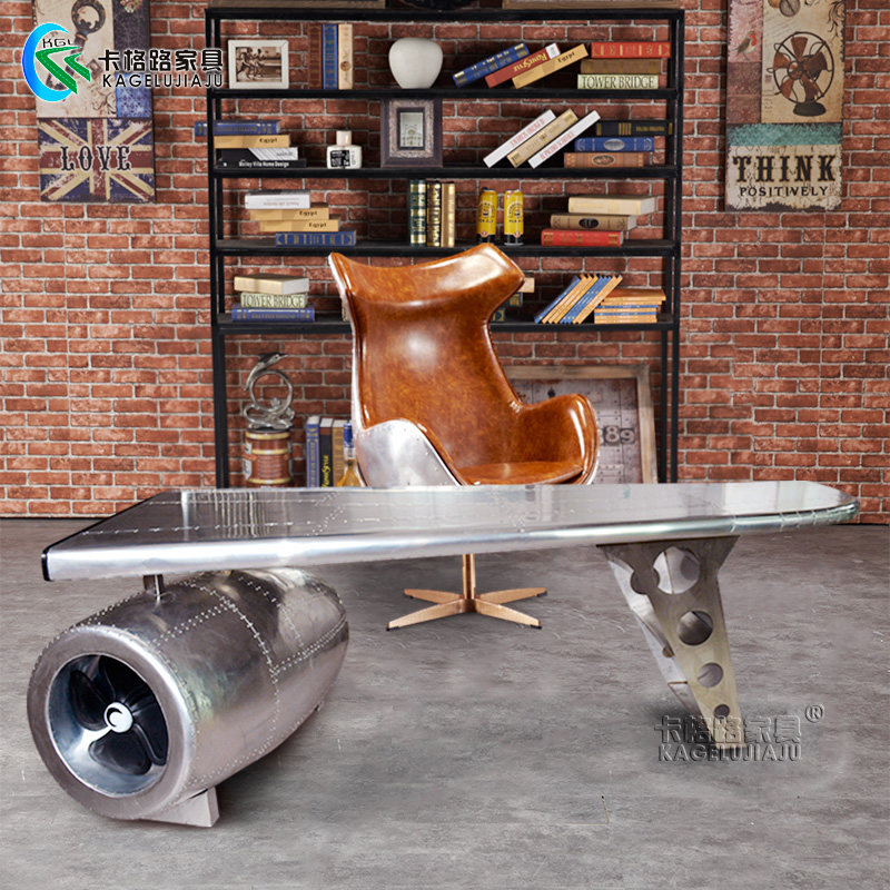 American metal industrial style loft made old aluminum skin aircraft desk boss table and chair combination creative desk punk style