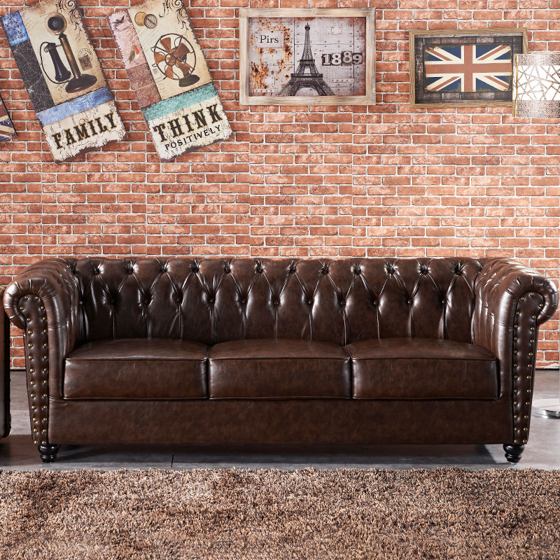British style office pull button sofa American retro reception commercial cafe straight row living room leather sofa