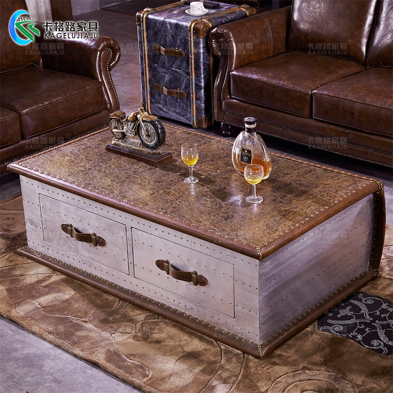 American industrial style retro old coffee table metal double drawer with drawer designer personality storage creative coffee table