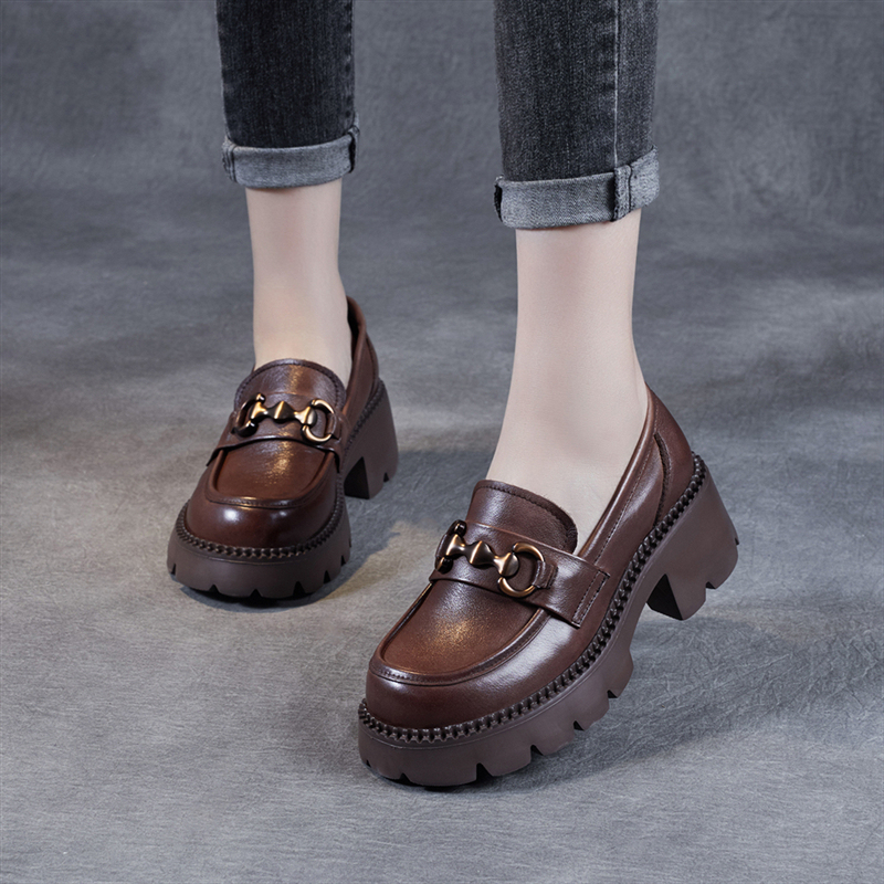 Genuine Leather High-Heeled Shoes for Women, Spring and Autumn Style, Slip-On Lazy Shoes, Platform Waterproof Shoes, Thick Heel, Height-Increasing Thick-Soled Small Leather Shoes