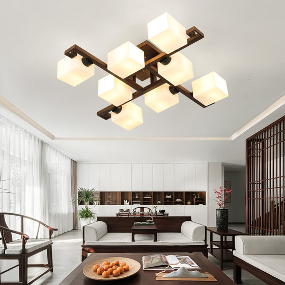 新中式吸顶灯简约现代大气客厅灯胡桃木色家用房间卧室灯实木灯具