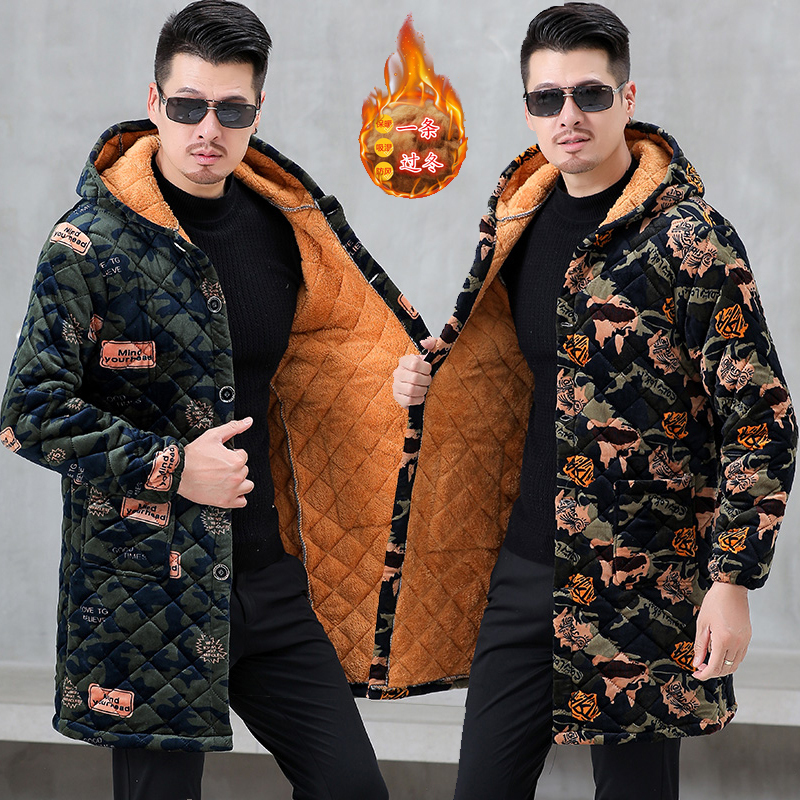 Autumn and Winter Fleece-Lined Thickened Adult Smock Men's Large Size Work Clothes Anti-Stain Smock Mid-Length Apron Warm Cotton Clothing