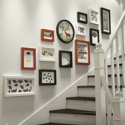 Photo Wall non-perforated staircase decoration solid wood photo frame hanging wall combination creative American Wall photo album Wall photo wall photo wall