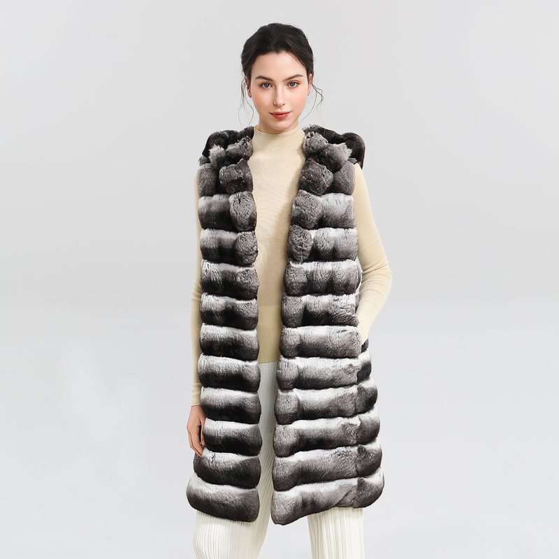 Vell Fur Z11 Blue Purple Xxxd Original Color Chinchilla Hooded Vest Sleeveless Jacket Versatile Fur Coat