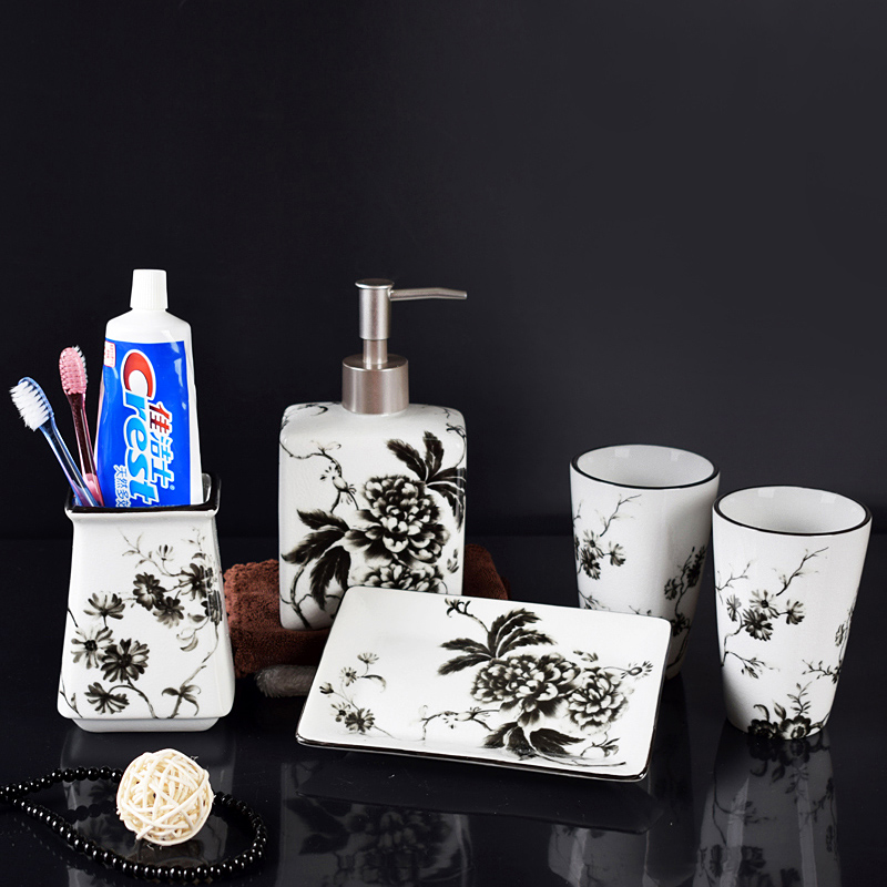 Chinese-style ceramic household dressing room supplies wash five-piece hotel bathroom toothbrush toothbrush holder mouthwash cup set