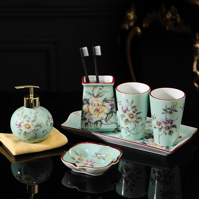 Ceramic bathroom wash set powder room mouthwash cup hand sanitizer bottle soap dish toothbrush holder five-piece housewarming gift