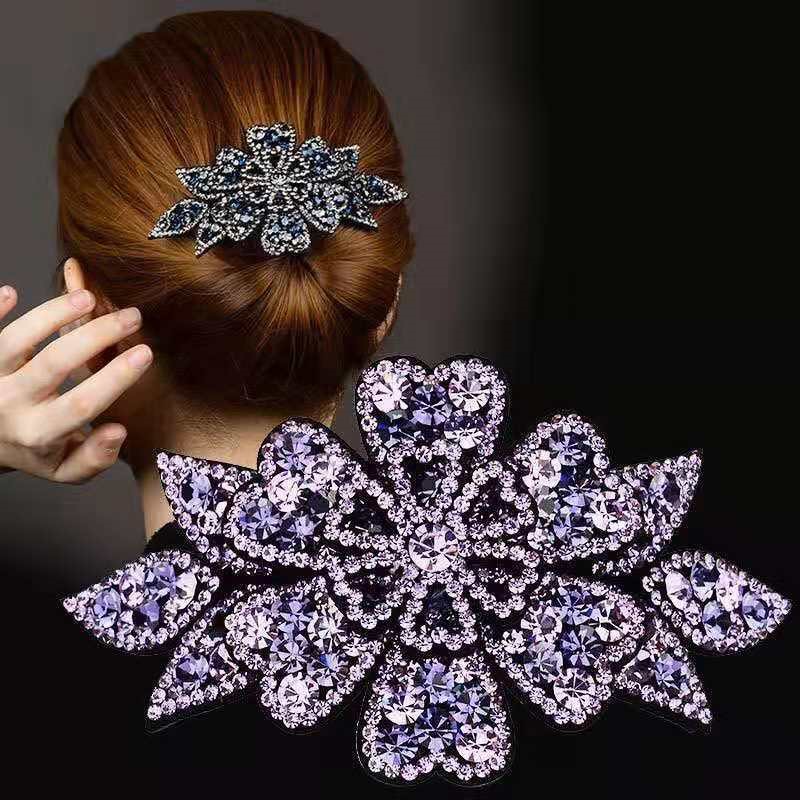 Hairpin Korean headdress adult hundred elegant hairpin rhinestone flower mom large spring clip top clip ponytail clip female