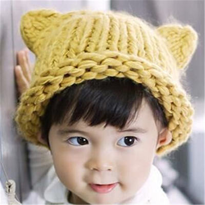 Korean export solid-color ear-ear children's hats, trendy children's clothing and hat accessories, autumn and winter hand-knitted rolled-up woolen hats