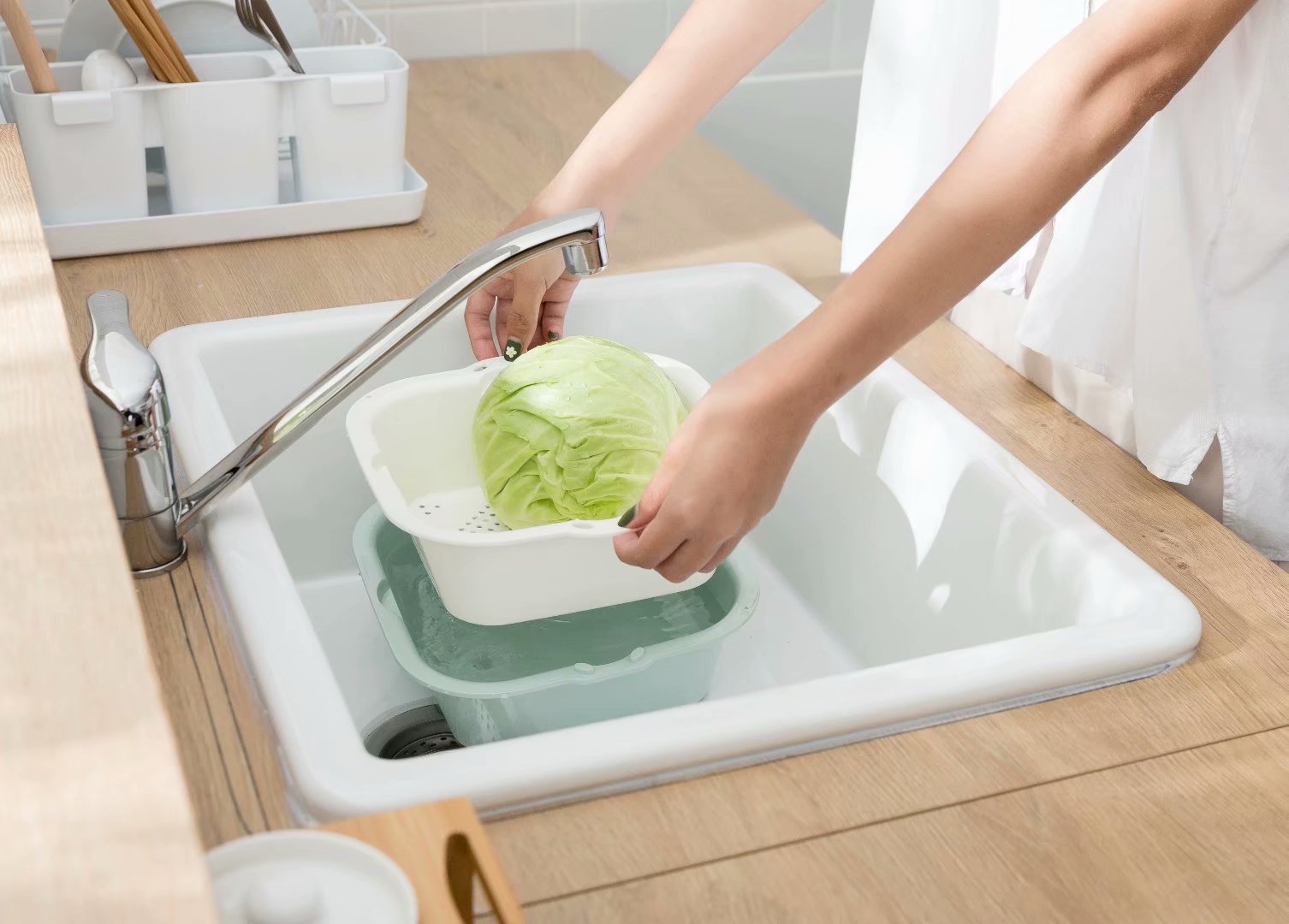 Meixiang Large Taomi Rice Washing Basket Double-layer Drip Basket Plastic Flux 29 5cm*27cm*9cm