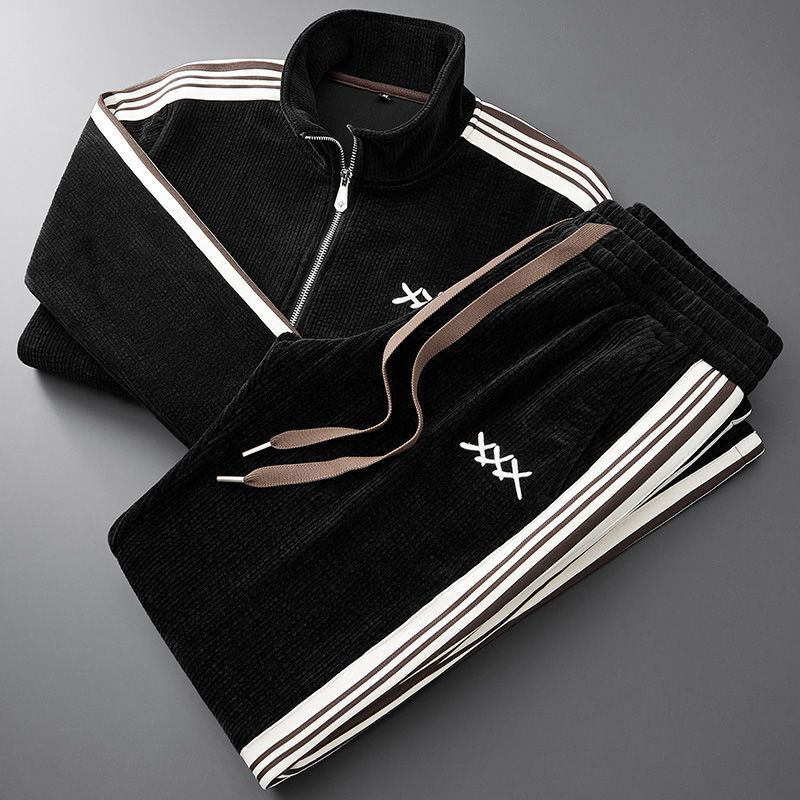 Spring and Autumn Corduroy Casual Sports Suit for Men, Trendy Brand, High-End Zipper Stand-Up Collar Cardigan Jacket Two-Piece Set