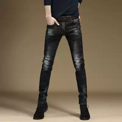 Black jeans men's trend brand spring and autumn new stretch slim-fit cigarette tube pants men's plus velvet Korean trend trousers