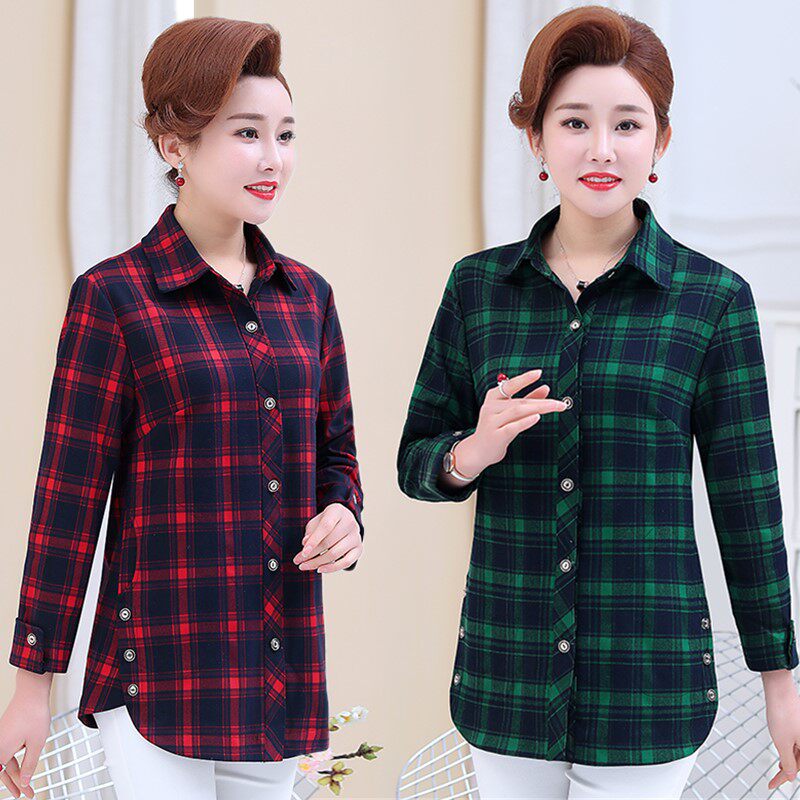 Mid-aged women's dress Long sleeves shirt 2021 new middle aged ladies blouses cardio-hoodie spring dress Mom dress checkered shirt