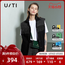 uti Yuji fashion fall new blouses street head fashion sleeveless jacket black splicing upfront Machia womens clothing