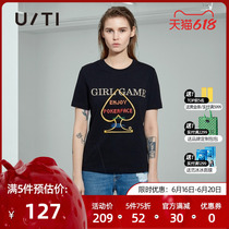 uti Judy fashion fall new blouses simple wind letters printed short sleeves black round neckline headsets T-shirts womens clothing