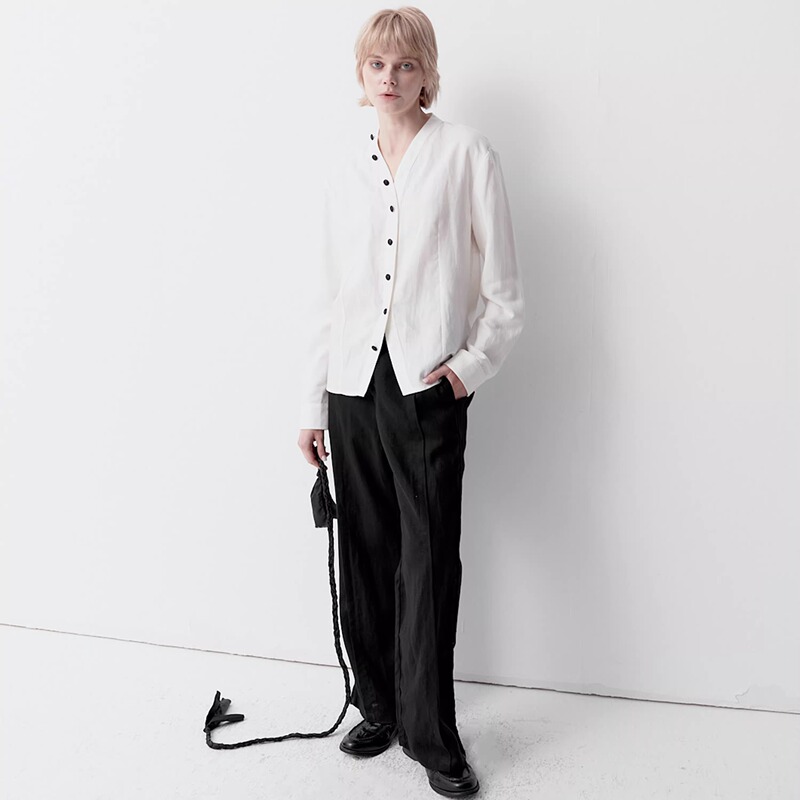 「Kiov.S」Tencel Linen New Chinese Style V-Neck Three-Dimensional Tailoring Regular Shoulder with Slight Waist Cinching Simple Shirt
