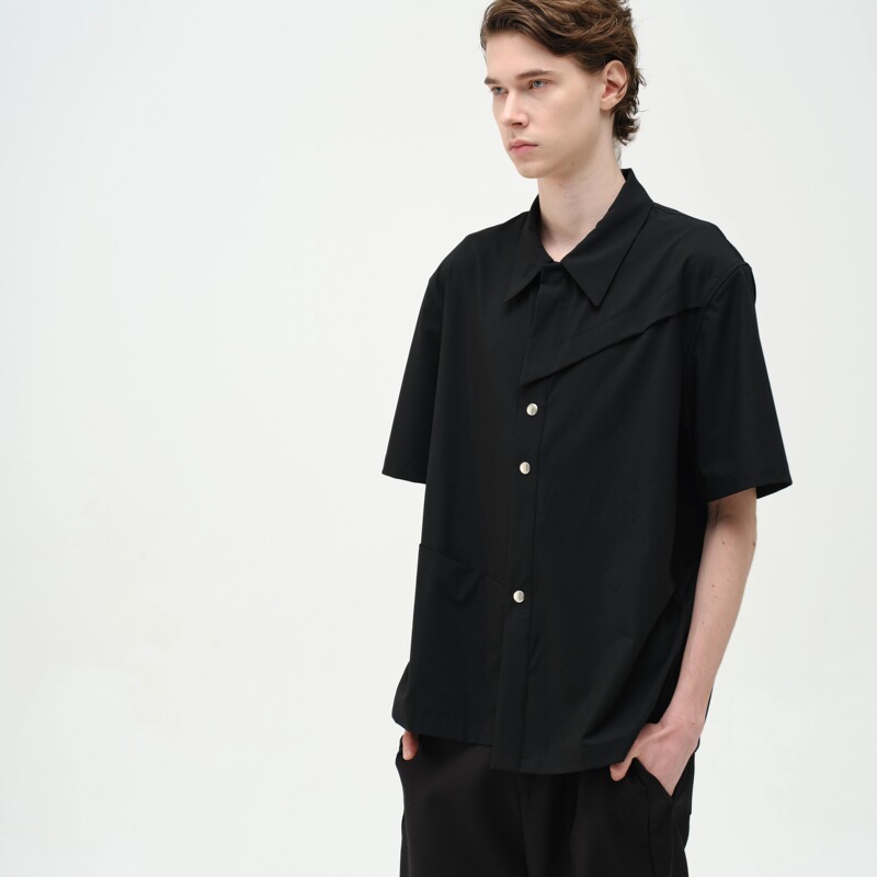 「Kiov.S」Deconstructed Multi-Layered Loose-Fitting Asymmetrical Snap-Button Wrinkle-Resistant Commuter Shirt Short-Sleeved
