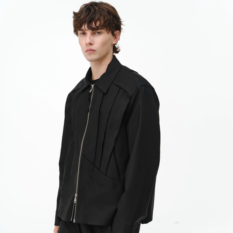 「Kiov.S」Glossy Mercerized Fabric, Multi-Layered Deconstructed Loose-Fitting, Zipper Drawstring, Short Wide Jacket, Outerwear