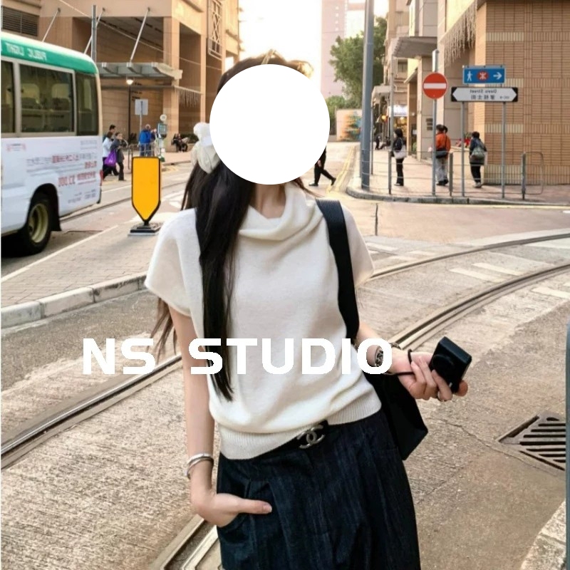 High-Neck Top, Short-Sleeved T-Shirt, Knit Sweater, Pullover, Vest, Spring and Autumn, Lazy Style, Korean Version, High-End Feel