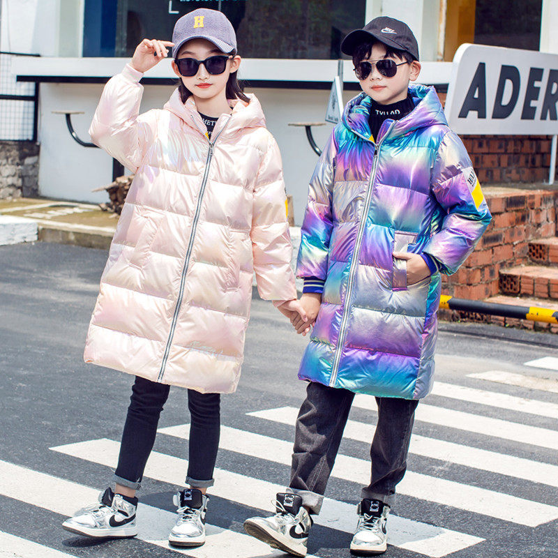Children's mid-length down jacket 2022 new shiny surface foreign style boys and girls thickened wash-free medium and big children's coat winter