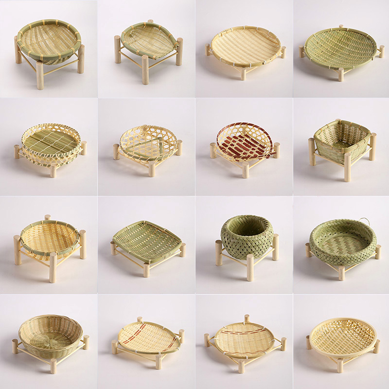 Bamboo Woven Fruit Tray Triangular Tabletop Storage Bamboo Basket Wooden Rack Small Bamboo Basket Tray Snack Pastry Dustpan Steamed Bun Basket
