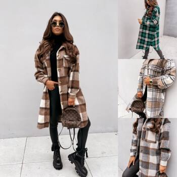 2022women'sfashionlongsleeveplaidprintedshirtjacket