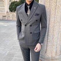 Double-breasted suit men Korean version of the trend slim yuppie handsome groom suit suit men spring wedding ceremony Plaid
