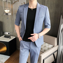 Short sleeve suit mens and Korean version trendy shades light blue summer 70% sleeve suit suit mens thin middle sleeve