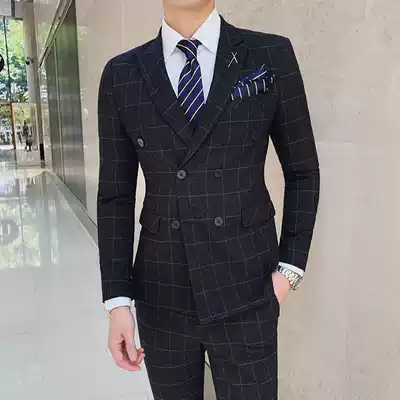 Double-breasted suit men Korean version of trend slim handsome plaid casual wedding ceremony yuppie suit men's suit groom