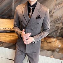 Light mature wind mens suit suit suit mens self-cultivation senior sense Ruffian handsome wedding double-breasted suit men Korean trend