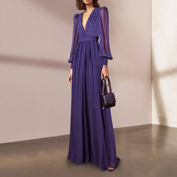 Early Spring Design Purple Dress Feminine Waist Pleated Skirt Long Sleeve V-neck Long Skirt Elegant Swing Skirt