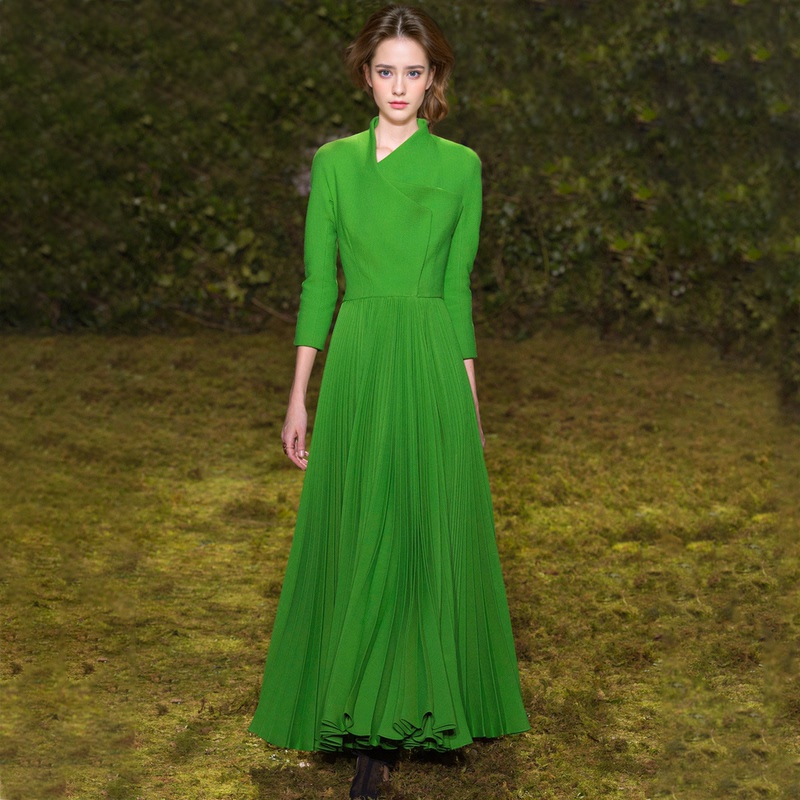 High-End Green Dress for Women, Classy Pleated Skirt, Long Skirt, Elegant Long-Sleeved Flared Skirt, Niche Dress, Autumn and Winter Wear