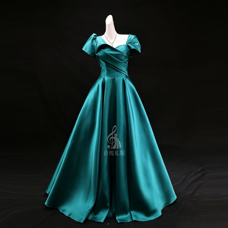 High-End Slimming Peacock Blue Off-Shoulder Satin Vocal Performance Exam Concert Coming-Of-Age Ceremony Annual Meeting Host Evening Dress