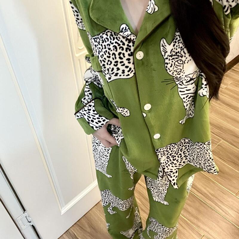Demi Nordic Light Luxury Olive Green Leopard Island Velvet Soft Pajamas Women's Long-Sleeved Long Pants Two-Piece Set Loungewear
