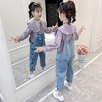 Girls spring loaded denim back with pants 2021 Spring new Korean version Children foreign air trendy net red spring and autumn suit