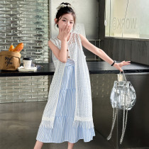Girls seaside vacation dress suit summer 2024 new childrens big boy girl vest suspender skirt summer dress
