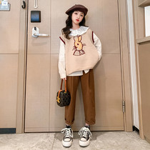 Girls knit sweater spring - up 2023 new gas - boost childrens doll collar shirt vest two pieces