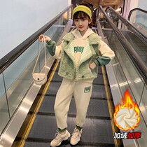 Girls suit autumn 2021 new Han edition of childrens gas plus thickness middle autumn winter horsemare three pieces