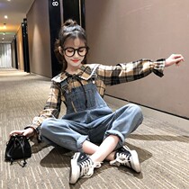 Girls suit spring and autumn 2021 new Korean Ocean childrens clothing with fashionable large childrens loose strap pants two pieces