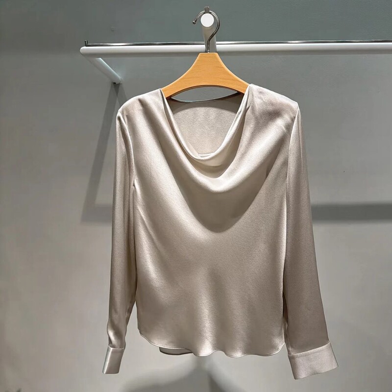 Mm Mai Mai 2026 Early Autumn New Style Elegant Old Money Style Pearlescent Exquisite Draped Collar Satin Shirt for Women 5H7221321